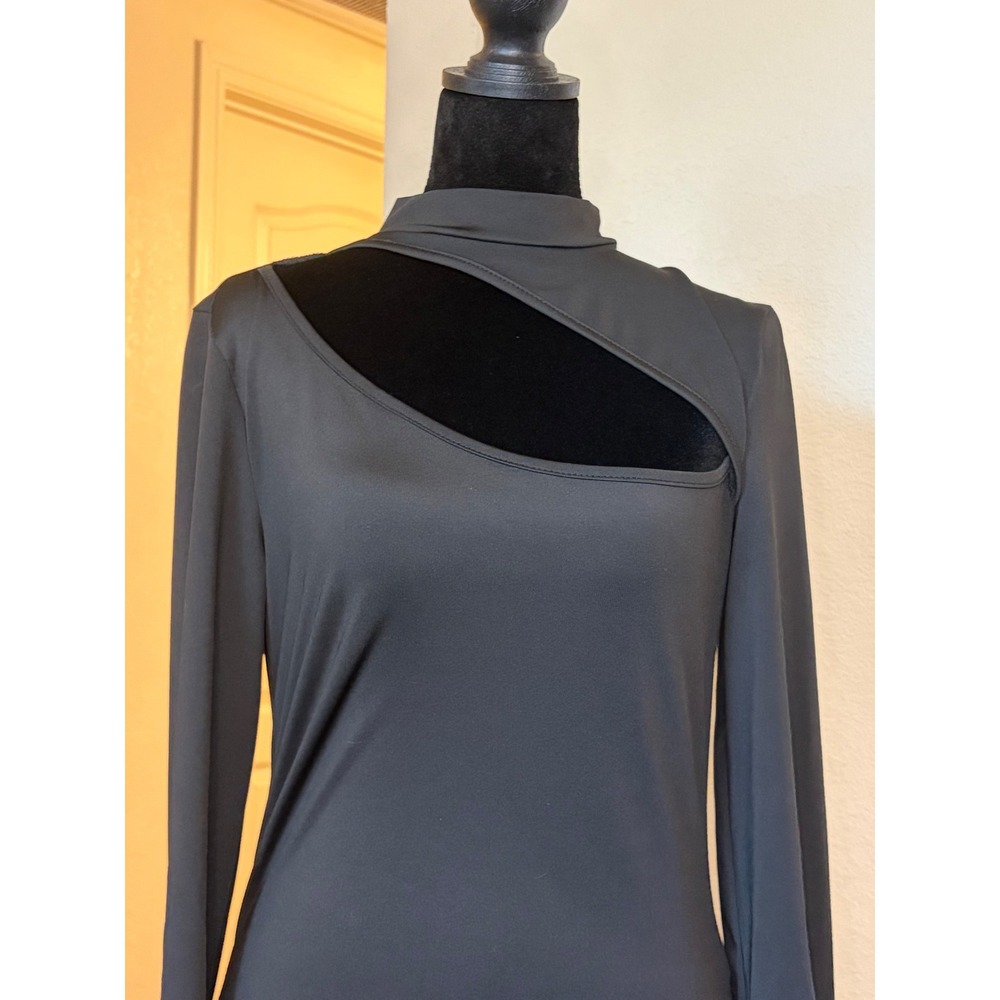 Black Asymmetrical Cutout Mock Neck Long Sleeve Top Edgy Modern Minimalist - Picture 2 of 4